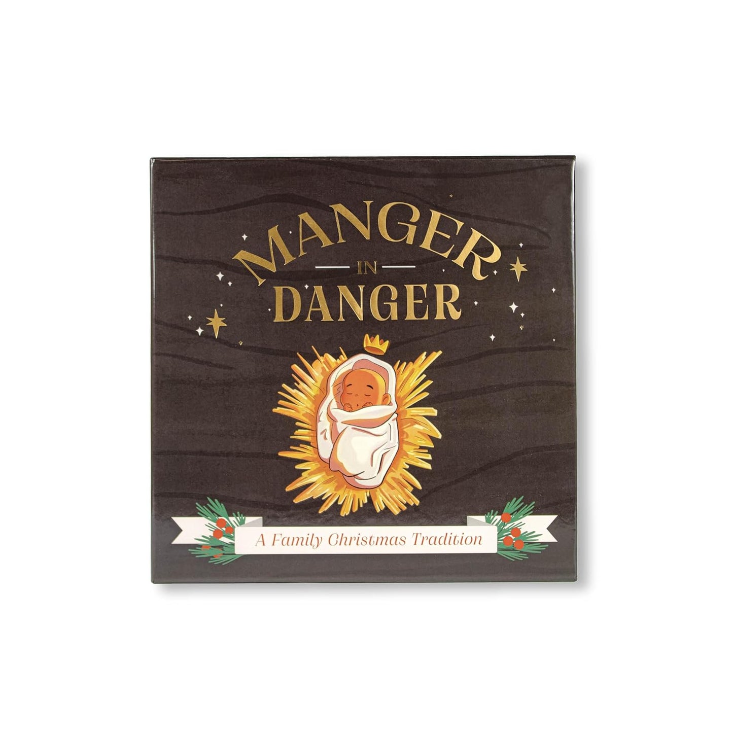 Manger In Danger: A Family Christmas Tradition - includes illustrated family devotional book, keepsake box, scenic backdrop, wooden manger and baby Jesus figurine in swaddling cloths